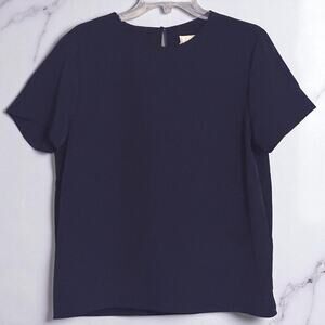 Vintage 80s Andre Sauvage Satin Blouse Top Sz Medium Glam Navy Blue Short Sleeve